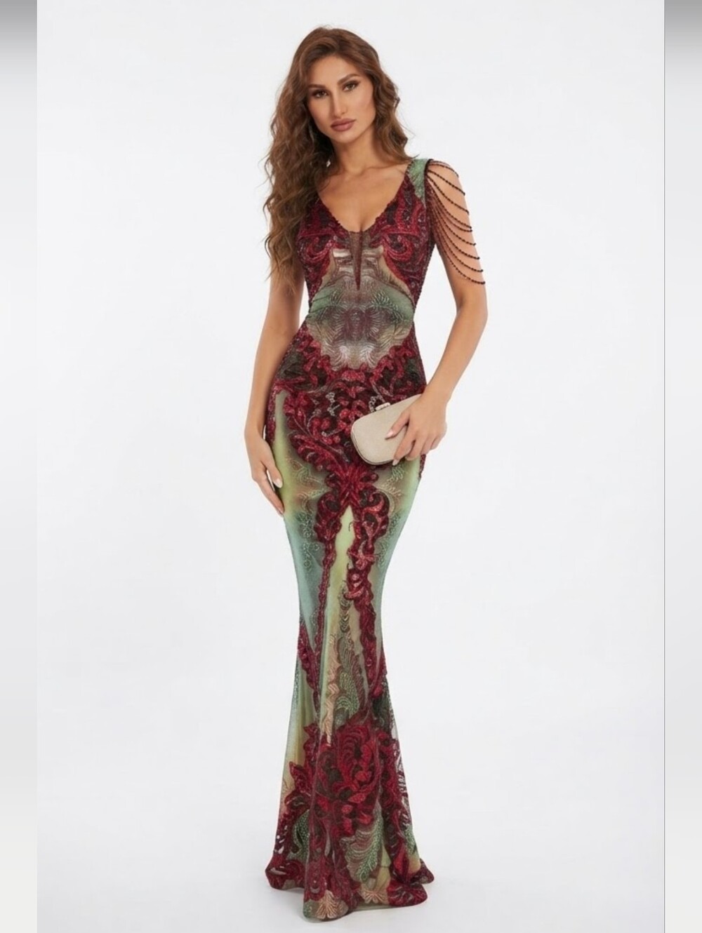 Red/Black  V Neck, Sleeveless,  Round Back,  Beaded,  Floral, Sequined G…